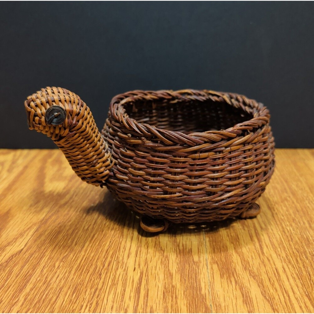 Turtle Shaped Two Toned Brown Wicker Basket Planter Boho Garden